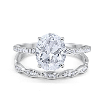 14K White Gold Two Piece Oval Wedding Ring Bridal Set Band Engagement Simulated CZ Size-7